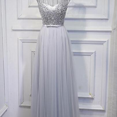 Grey Beaded Scoop Tulle Prom Dress,..