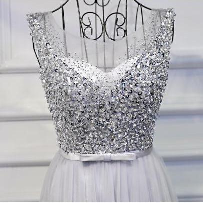 Grey Beaded Scoop Tulle Prom Dress,..