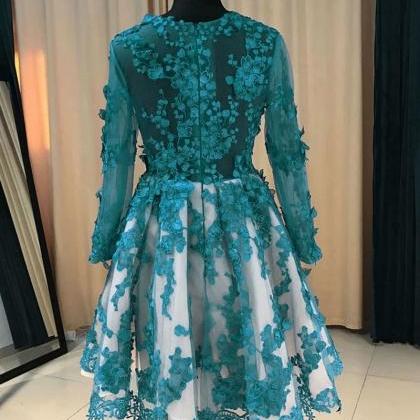 Green Long Sleeve Lace Short Prom Dress,A Line Lace Bridesmaid Dress ...
