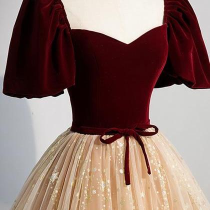 Burgundy Velvet Prom Dress with Tul..