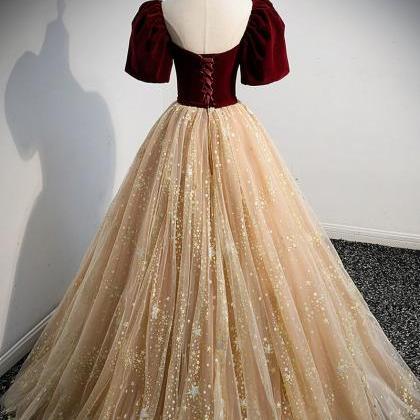 Burgundy Velvet Prom Dress with Tul..
