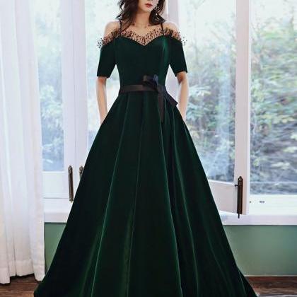 Green v neck velvet long prom dress..