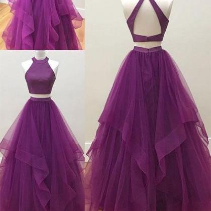 Simple High Neck Two Piece Purple P..