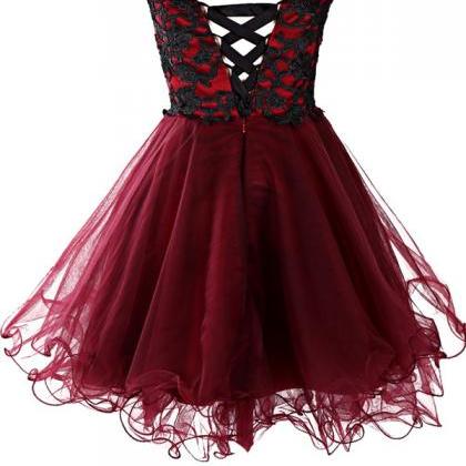 Charming Wine Red Tulle Short Lace Up Prom Gown 2016, Burgundy Mini ...
