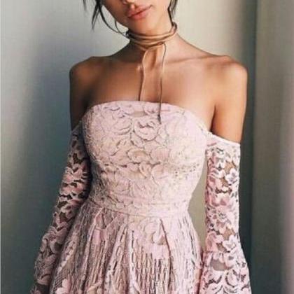 lace shoulder pink cute short line dress zipper playsuit sleeve closur dresses