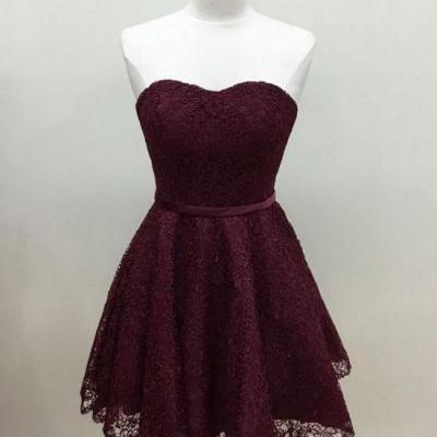 Sweetheart Burgundy Lace Homecoming Dress,Short Prom Dress with Sash,A Line Homecoming Dresses