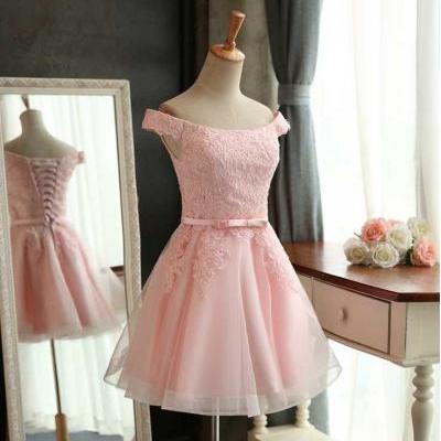 Off Shoulder Pink Lace Applique Bridesmaid Dress,Lace up back Homecoming Dress with Sash