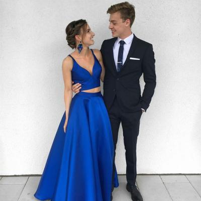 Sexy Royal Blue Two-Piece Long Prom Dress,Satin Blue Evening Dress
