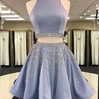 Cute Lavender Two-piece Homecoming Dress with Beading,Short Sleeveless Prom Dress,Party Dress 