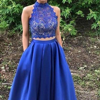 Royal Blue Two-Piece Lace Prom Dress,Long Prom Dress with lace top