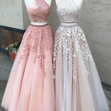 Dazzling High-Neck Long Two-Piece Applique Prom Dress,2018 Lace Evening Dress