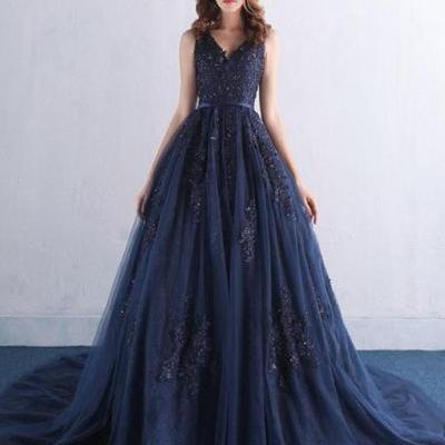Simple V-Neck Dark Navy Lace Tulle Prom Dress,Backless Evening Dress,Applique Navy Blue Prom Gowns