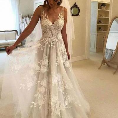 White V-Neck Lace Tulle Wedding Dress,Charming Prom Dress