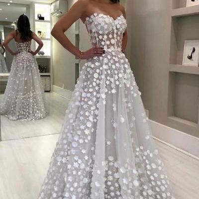 White sweetheart neck flower tulle long prom dress,princess evening dress,beautiful wedding dress