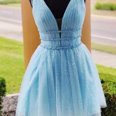 Cute v neck yellow/blue tulle short prom dress,yellow homecoming dress