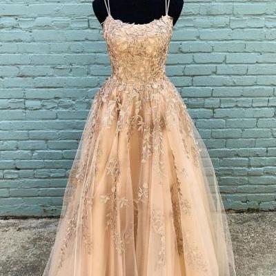 Elegant Champagne/Pink Appliques Lace Long Prom Dress,Spaghetti Straps Tulle Evening Dresses