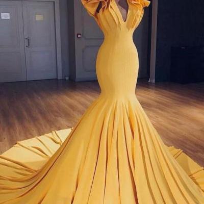 Gorgeous Yellow V Neckline Mermaid Formal Prom Dress,Sweep Train Yellow Evening Dress