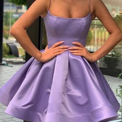A Line Spaghetti Straps Short Purple Prom Dresses, Formal Homecoming Dresses