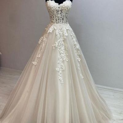 Ivory sweetheart lace applique wedding dress,tulle long prom dress