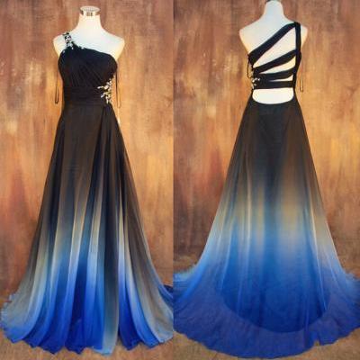 New Gradient Ombre Chiffon Prom Dresses 2015 Sexy Backless Beading Evening Dress One Shoulder Pleats Women Dress