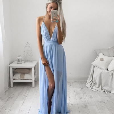 Charming Spaghetti Straps Baby Blue Chiffon Prom Dress, Prom Gowns with Slit, Sexy Prom Dress, Women Dress