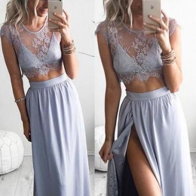 2017 Two piece prom dress,Lace evening dresses,cap sleeve formal dress with slit ,women dresses for evening