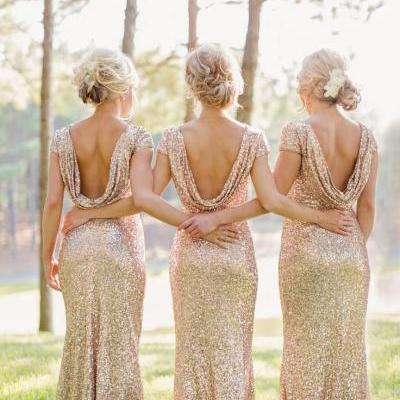Bateau Neck Sequined Glitter Long Sheath Bridesmaid Dress,Backless Prom Dress with Short Sleeve
