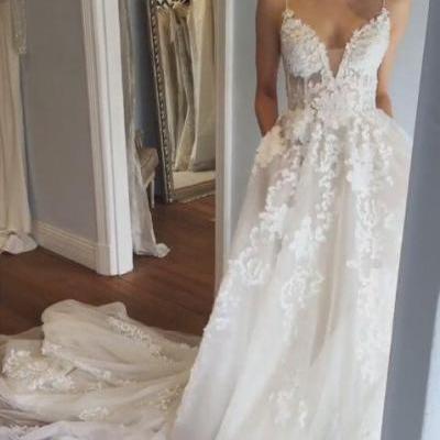  Ivory Spaghetti Strap Lace Applique Long Prom Dress,Elegant V Neckline Formal Dress with Court Train, Simple Wedding Dress