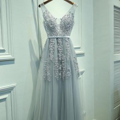 Elegant A-Line V-Neck Sleeveless Gray Long Prom Dress with Lace,Tulle Bridesmaid Dress