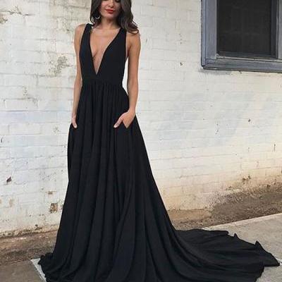 Sexy Black V Neck Long Prom Dress with Sweep Train,Open Back Evening Dress,Beautiful Party Dress