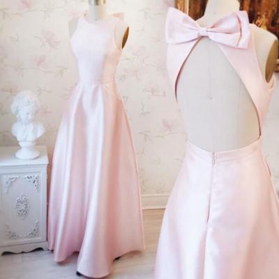 Boat Neck Light Pink Sleeveless Bridesmaid Dress,Long Backless Prom Dress with Bow,A Line Prom Party Dress