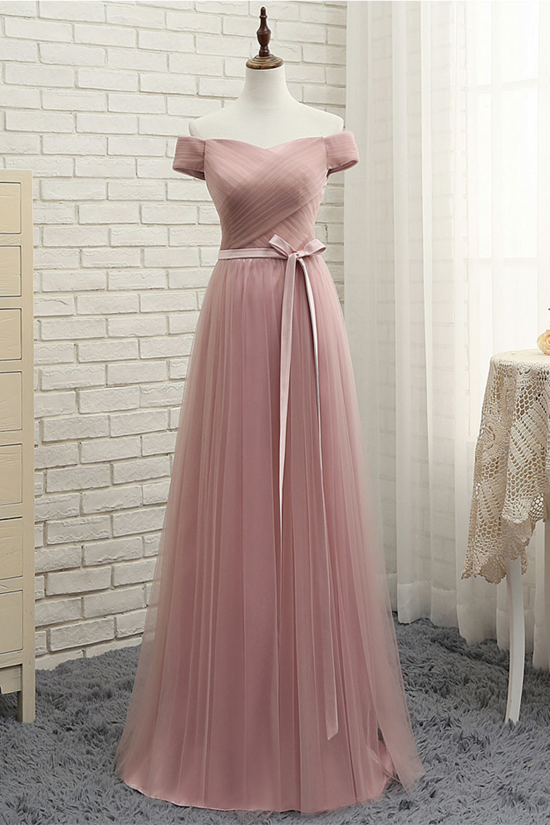 Blush Tulle Off-The-Shoulder Short Sleeves Floor Length A-Line Bridesmaid Dress Featuring Bow Accent Belt, Formal Dress, Prom Dress