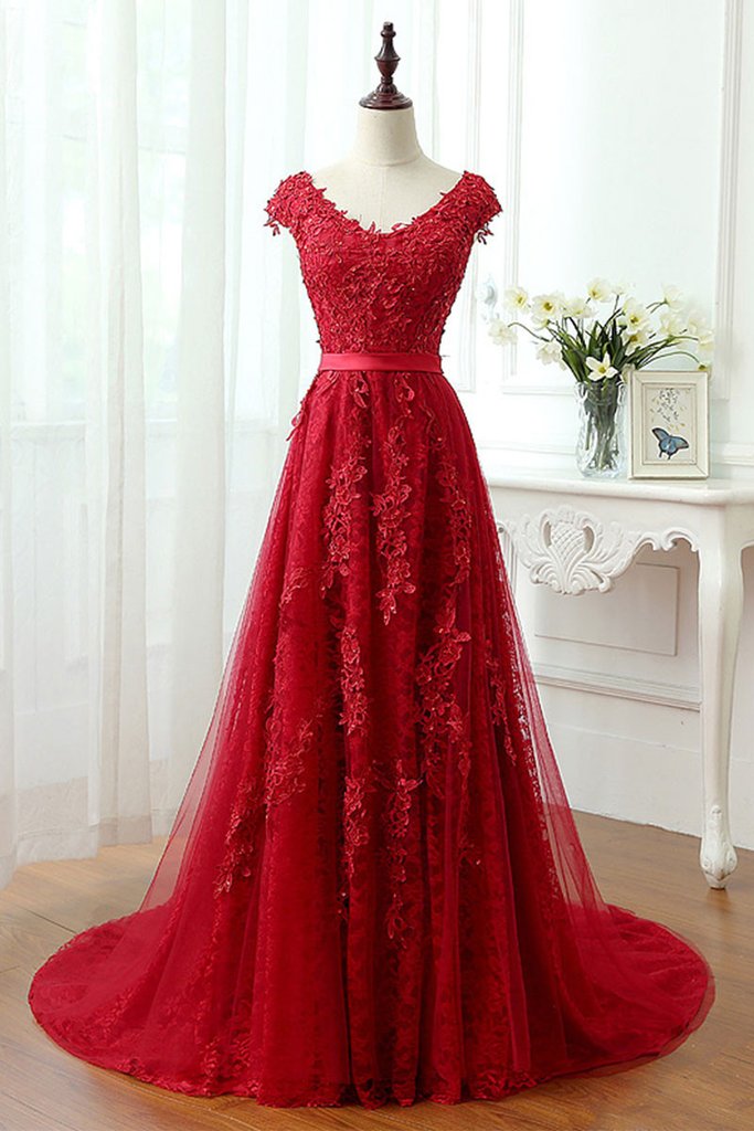 Charming Red Tulle Applique Lace Prom Dress,Long Cap Sleeve Evening Dresses,Red Lace Prom Dresses