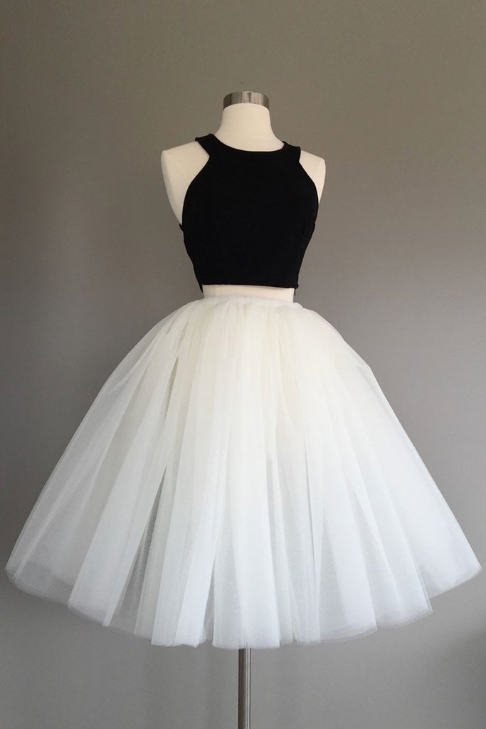 Simple Black And White Two Pieces Homecoming Dresses,Halter Cute Prom ...
