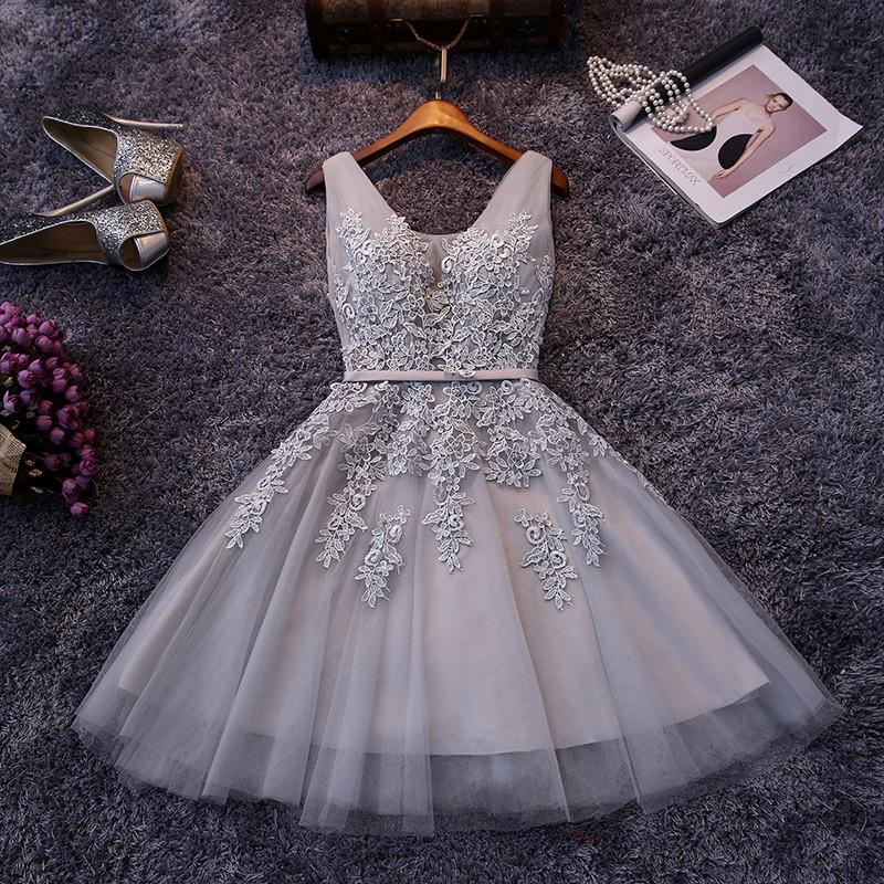 A Line V-neck Lace Applique Homecoming Dress,Silver Gray Short Prom Dress For Teens