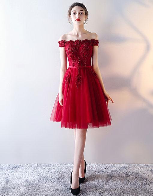 red off the shoulder short prom dress