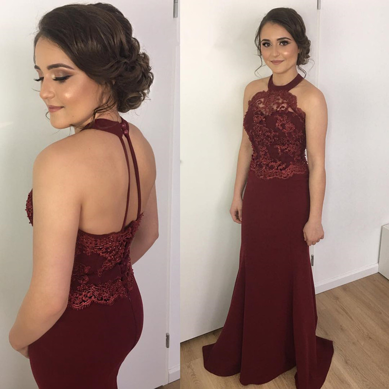 2018 Burgundy Prom Dresses Mermaid Lace Bridesmaid Dress Halter 2018 Burgundy Prom Dresses Mermaid Lace Bridesmaid Dress Halter Backless Evening Gowns