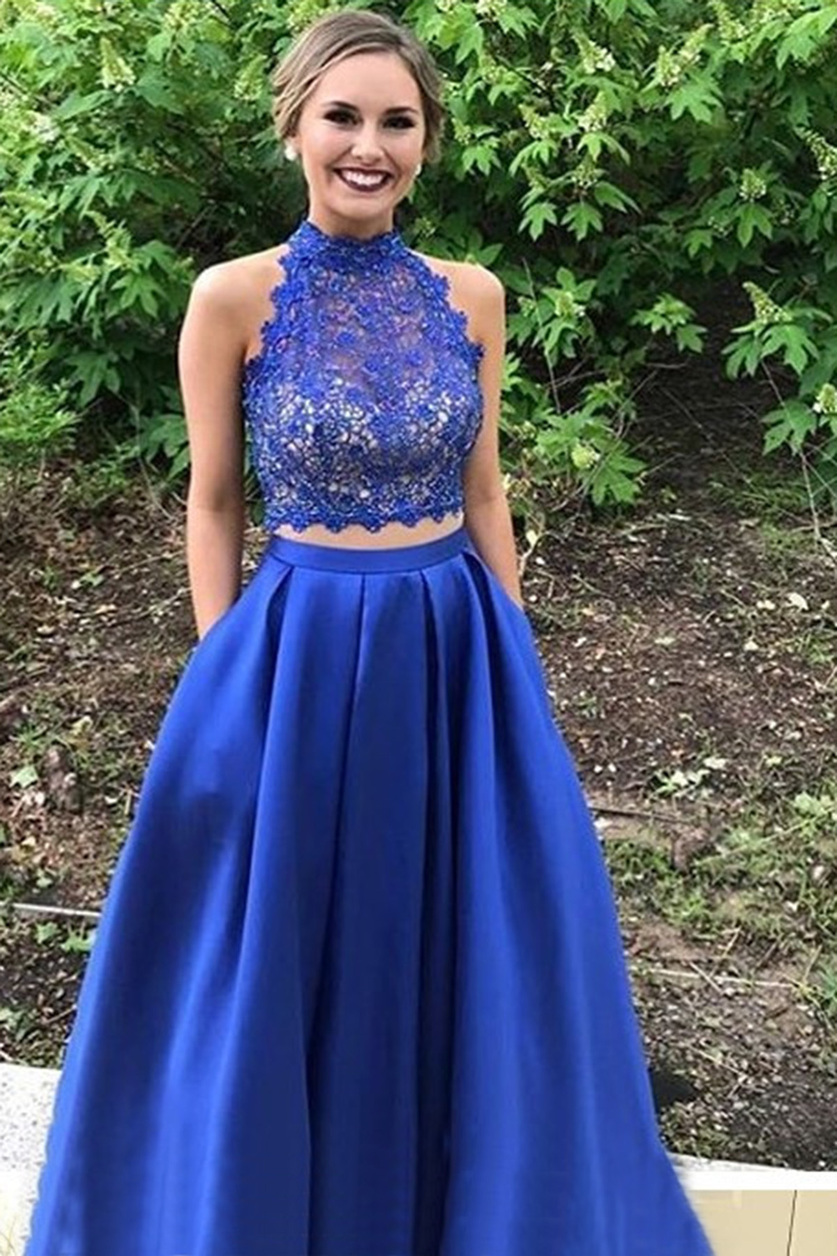 Royal Blue Two-Piece Lace Prom Dress,Long Prom Dress With Lace Top on