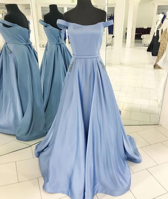 off the shoulder beaded satin evening prom dress with pocket