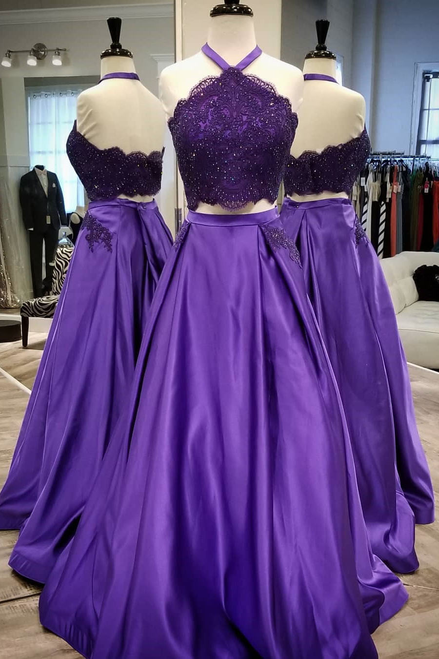 Gorgeous Purple Two Piece Applique Prom Dress,Halter Long Evening Gowns with Pockets
