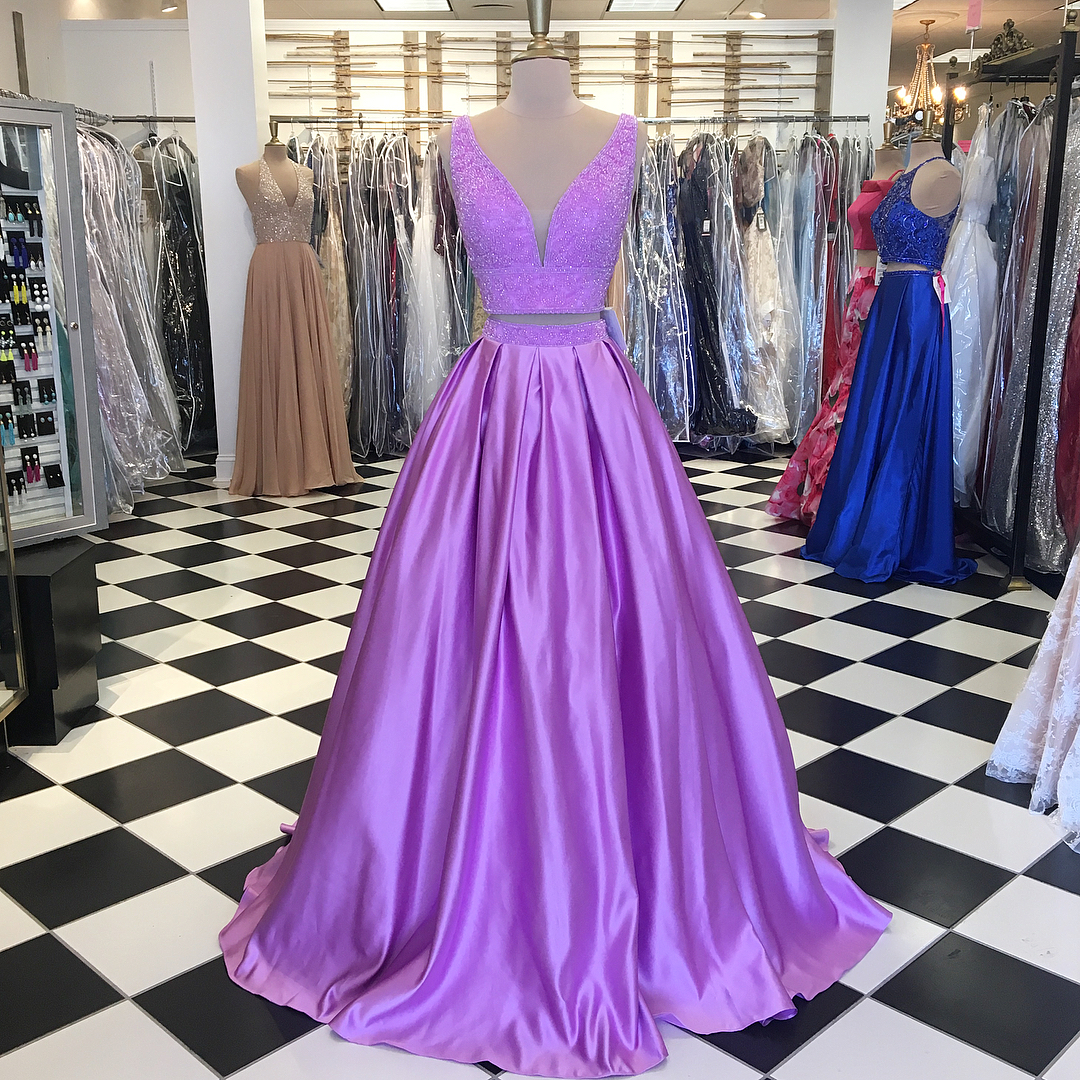 Gorgeous V Neck Two Piece Lilac Long Prom Dresssatin Prom Dress On Luulla 