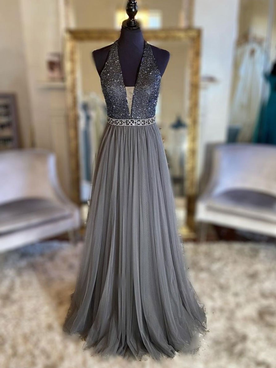 Gray v neck tulle beads long prom dress, gray formal dress,evening dress