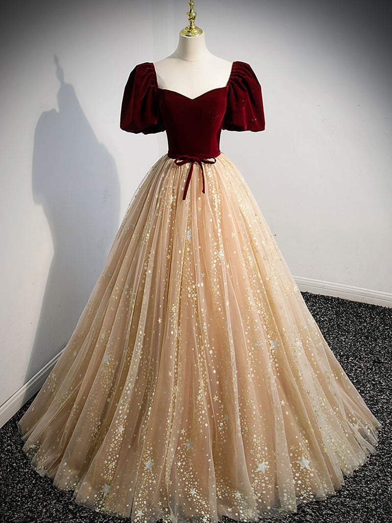 Burgundy Velvet Prom Dress with Tulle Skirt ,A Line Evening Dress