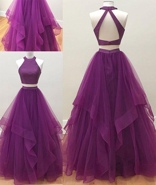 Simple High Neck Two Piece Purple Prom Dress,Open Back Tulle Evening Dress