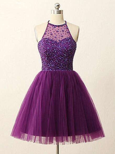 Purple Halter Party Dress,Beaded Cocktail Dress,A Line Tulle Homecoming ...