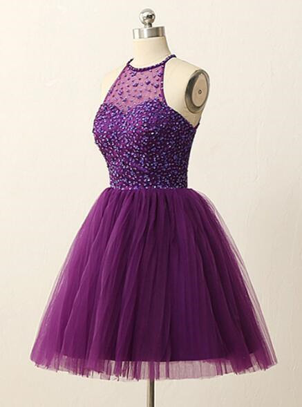 Purple Halter Party Dress,Beaded Cocktail Dress,A Line Tulle Homecoming ...