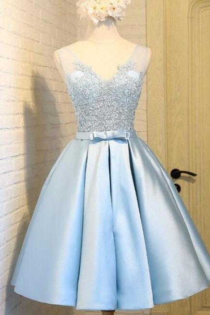 A-Line Light Blue Homecoming Dress,V Neck Short/Mini Satin Sleeveless Homecoming Dress,Zipper Back Homecoming Dress