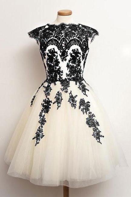 Unique Cap Sleeve Lace Tulle Homecoming Dress,Short Black Prom Dress,Lace Bridesmaid Dresses