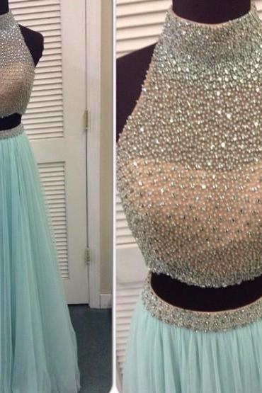 Tiffany Blue Tulle Prom Dress,High Neck Beaded Prom Dress,Two Pieces Long Formal Dress,Homecoming Dresses for Teenager Girls