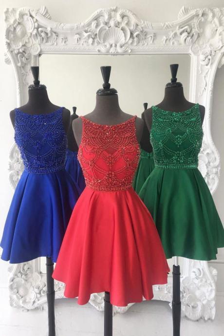 cute round neck beads short prom dress,backless homecoming dress